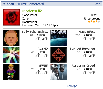Gamercard as shown on a [user](https://engtech.wordpress.com/2008/03/31/how-to-get-an-rss-feed-for-your-xbox-360-gamertag/)'s Facebook profile. The scores and achievements for recent games are shown. The gamerpoints image was not loading from Microsoft that day.